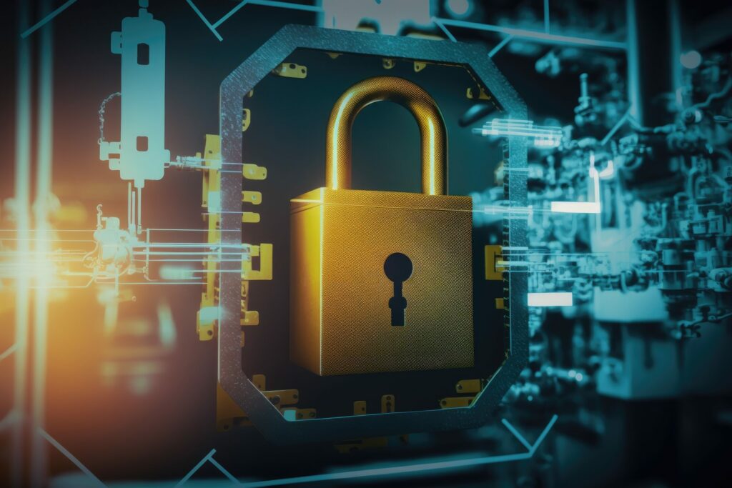 Leading industrial engineers in the locking sector Information technology version 4.0 in a wireless network. Concept for smart secure manufacturing management and internet of things security. Generative AI